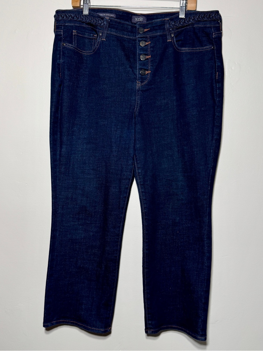 NYDJ Dark Blue Size 16 Straight Lift Tuck High Rise Braided Faux Belt Button Fly